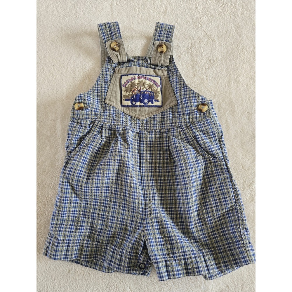 90s Vintage Blue Seersucker Overall Romper Size 2T Cotton 90s Safari